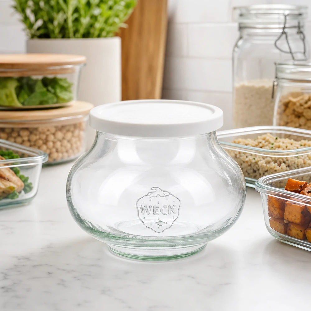 560 ml dekorativt glas med friskhedslåg WECK RR80 WECK Vorratsglas 560ml RR80 in moderner Küche zwischen Meal-Prep Behältern und Gewürzgläsern für stylische Aufbewahrung