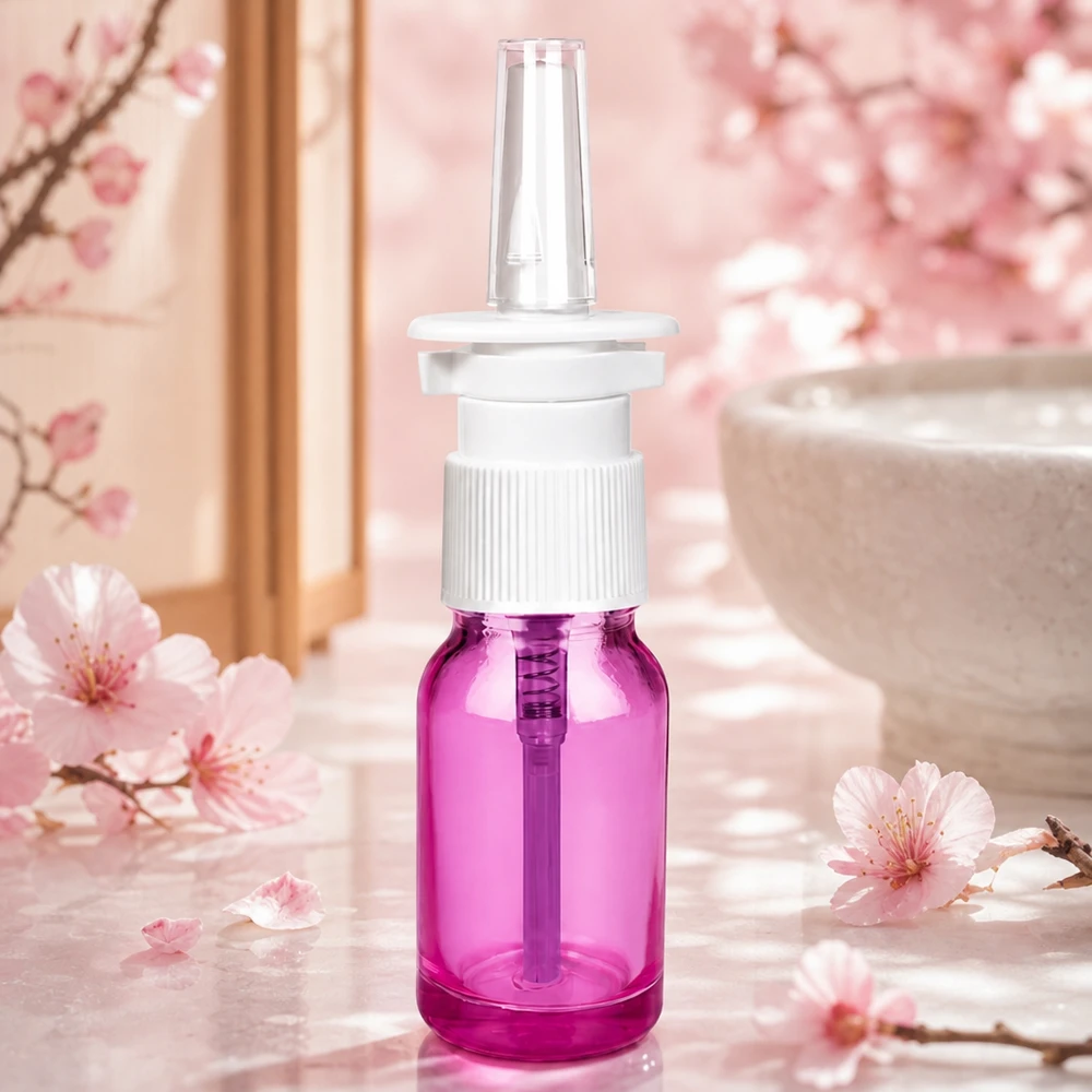 10 ml næsesprayflaske hvid/transparent standard PurpleLine. UT18/10 Kompakt 10 ml næsesprayflaske med STD-skruegevind UT18/10 i violet glas til præcis dosering
