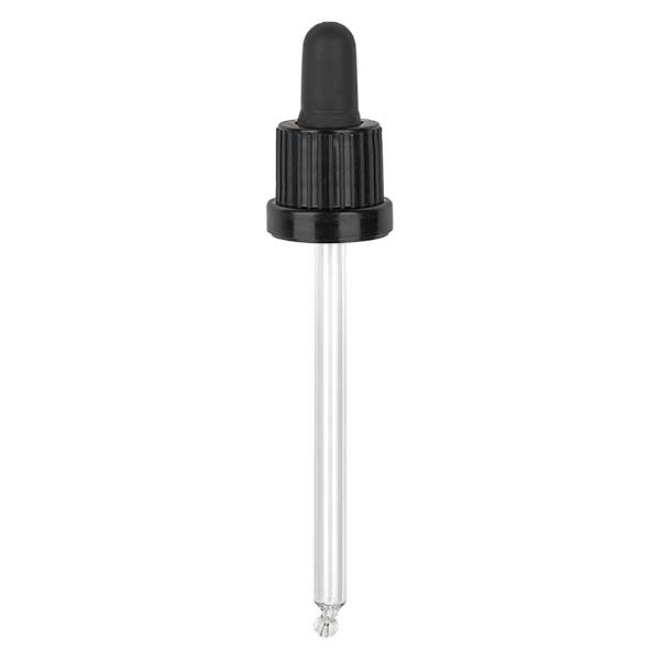 Pipettehætte sort DIN18, 115 mm pipettelængde med tamper-evident ring. Alkoholtæt. Til 100 ml mironglas (+++) med 18 mm gevind.