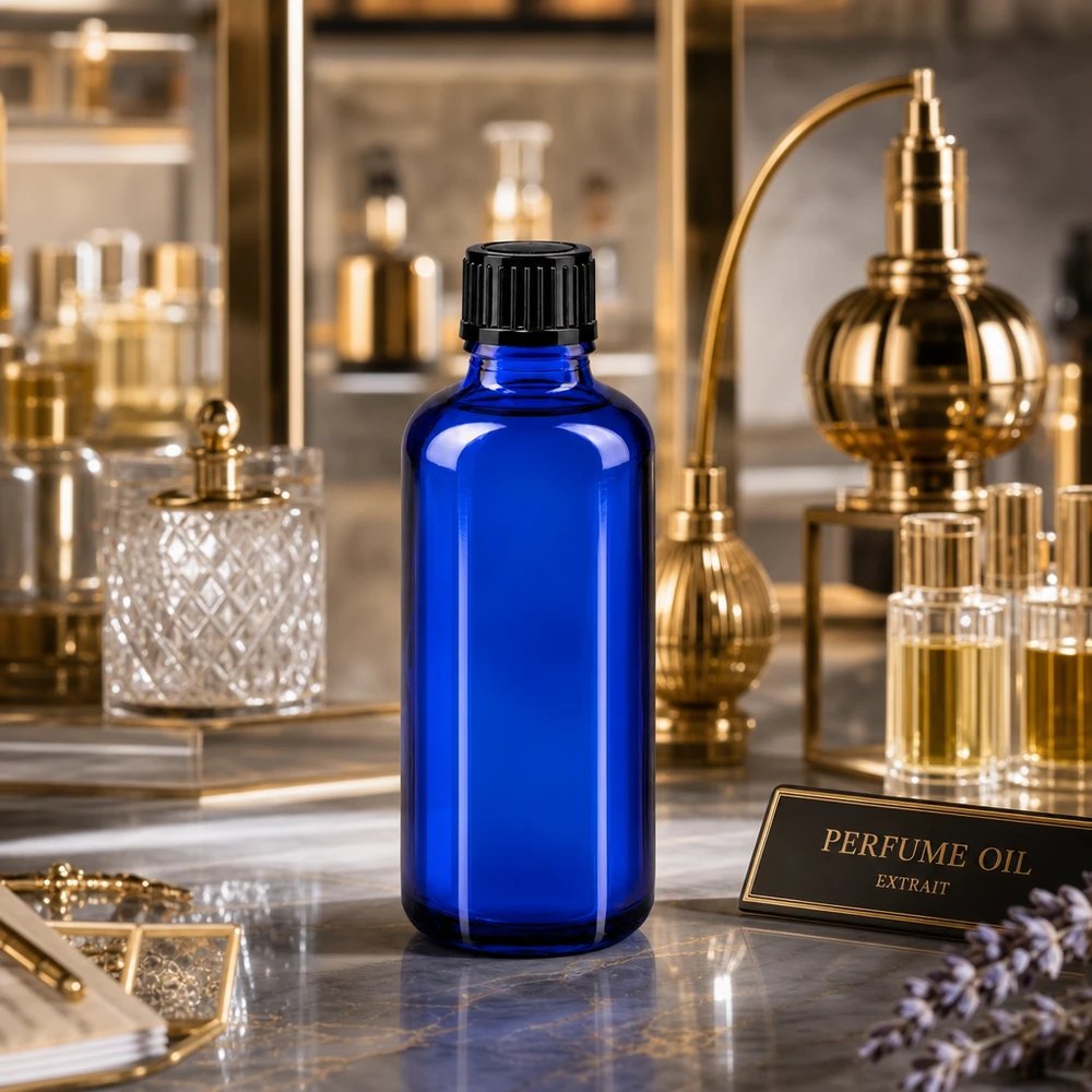 50 ml blå STD-dråbeflaske af apotekerglas med sort låg til parfumeolie (Extrait)