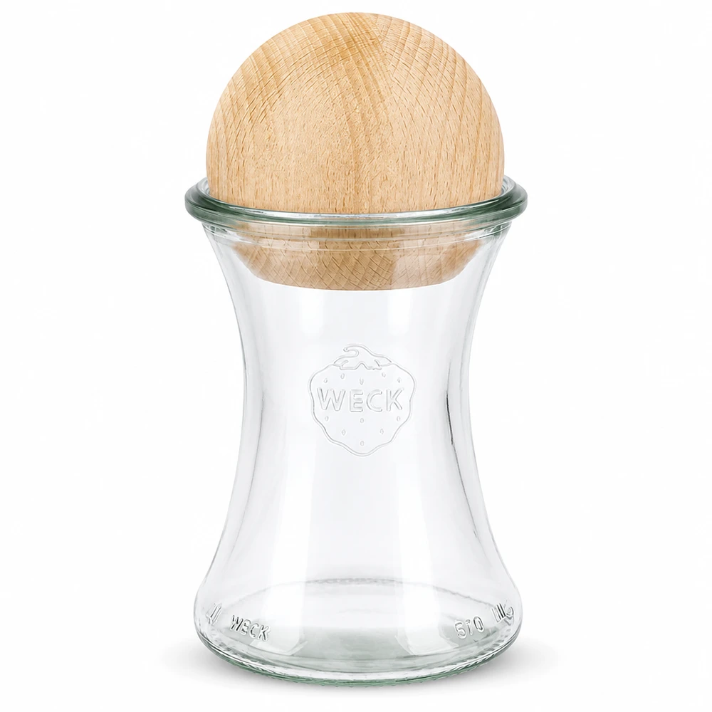 370 ml delikatesseglas WECK RR80 m. Trækugle bøg WECK Delikatesseglas 370 ml RR80 med kuglelukning i træ Konservesglas i bøg Opbevaringskrukke