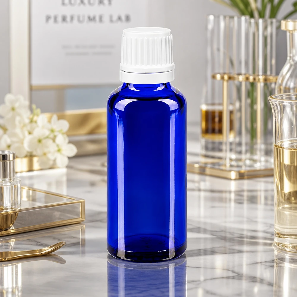Apoteksflaske blå 30ml dryp v. 1,2 mm hvid OV Koboltblå 30 ml apotekerflaske med hvid originalprop i Luxury Perfume Lab-miljøet