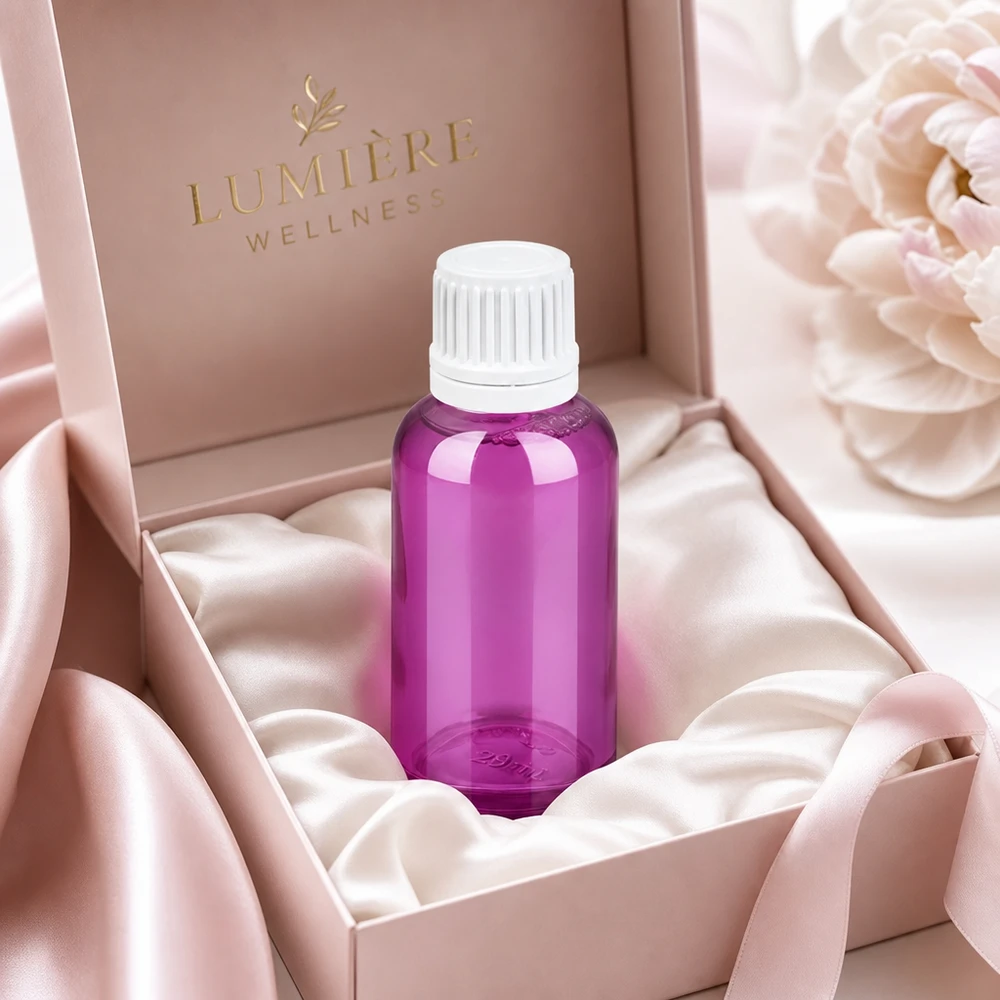 30 ml dråbeflaske 0,7 mm hvid Originality skruelåg PurpleLine UT18/30 30 ml violet dråbeflaske med præcis 0,7 mm dråbeindsats til kontrolleret påføring