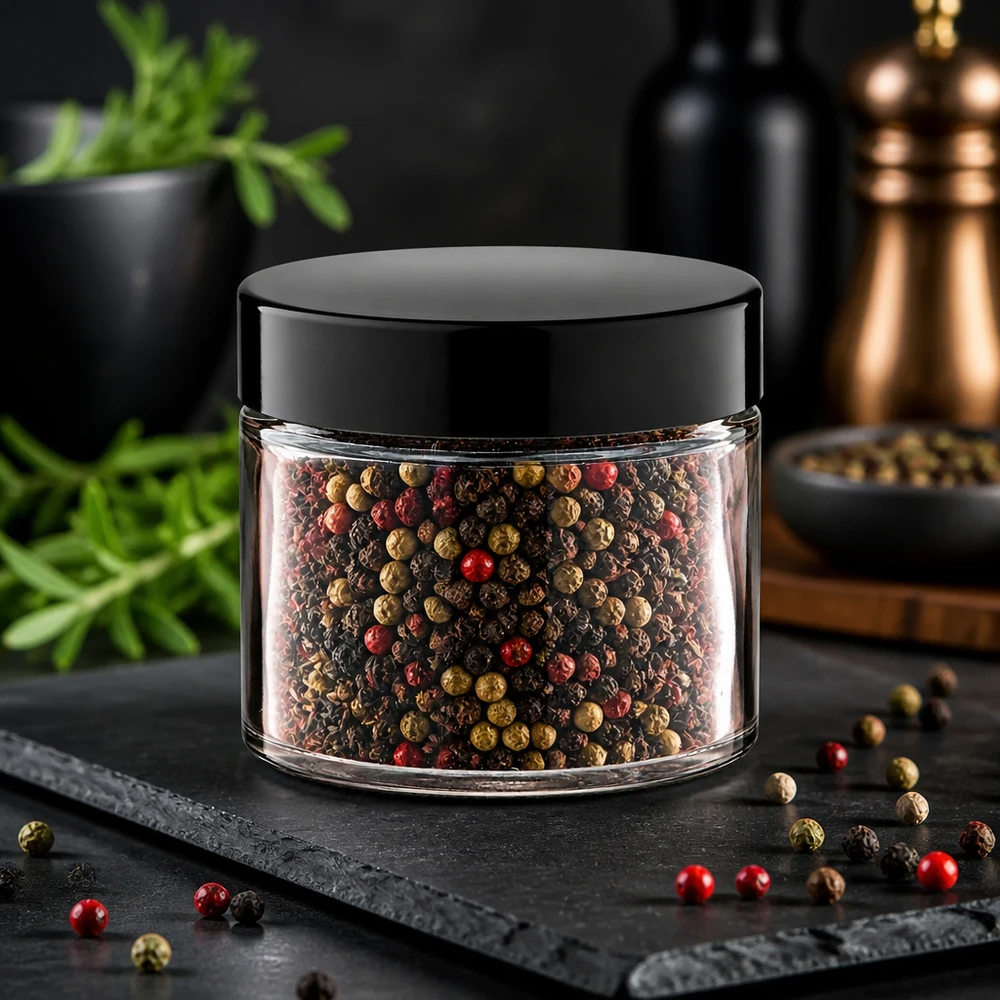 Krydderiidé: Glaskrukke 30 ml klar inkl. skruelåg Glasbeholder, 30 ml, gennemsigtig, med farvede peberkorn og sort skruelåg på skiferplade