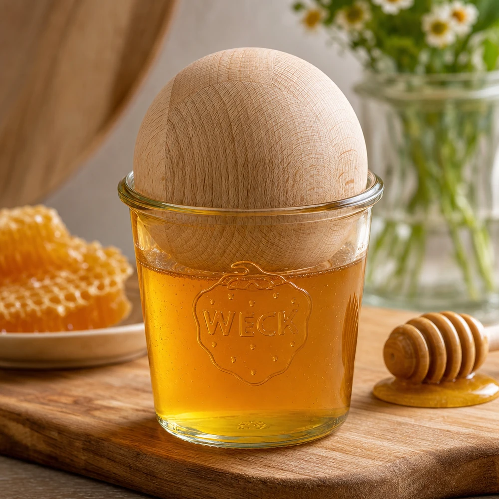 580 ml Briller WECK RR100 med trækugle bøg WECK RR100 580 ml murerbalje med trækugle af bøg fyldt med honning på træplade ved siden af honeycomb og honningske