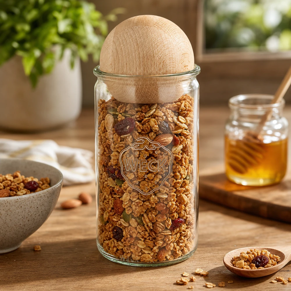 1590 ml cylinderglas WECK RR100 med trækugle bøg WECK opbevaringskrukke 1590 ml RR100 fyldt med müsli og nødder viser praktisk køkkenbrug med kugleprop i træ