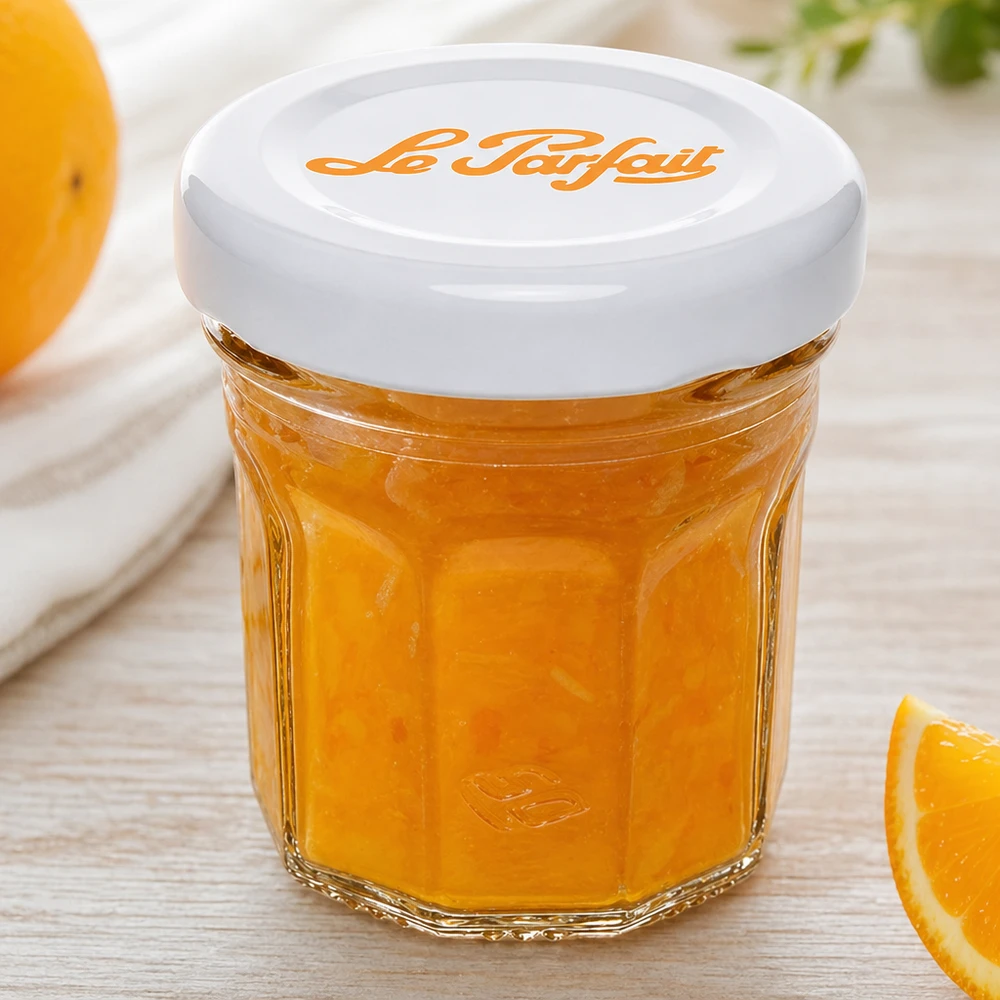 Le Parfait® Mini‑Jam 44 ml Ø48 mm glas Le Parfait minitumblere 44 ml fyldt med appelsinmarmelade og hvidt låg ved siden af friske appelsinskiver