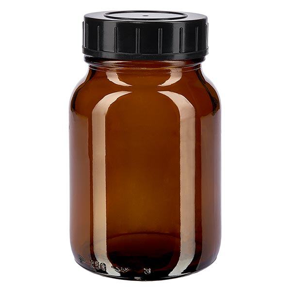 250 ml flaske med bred hals i ravfarvet glas med skruelåg