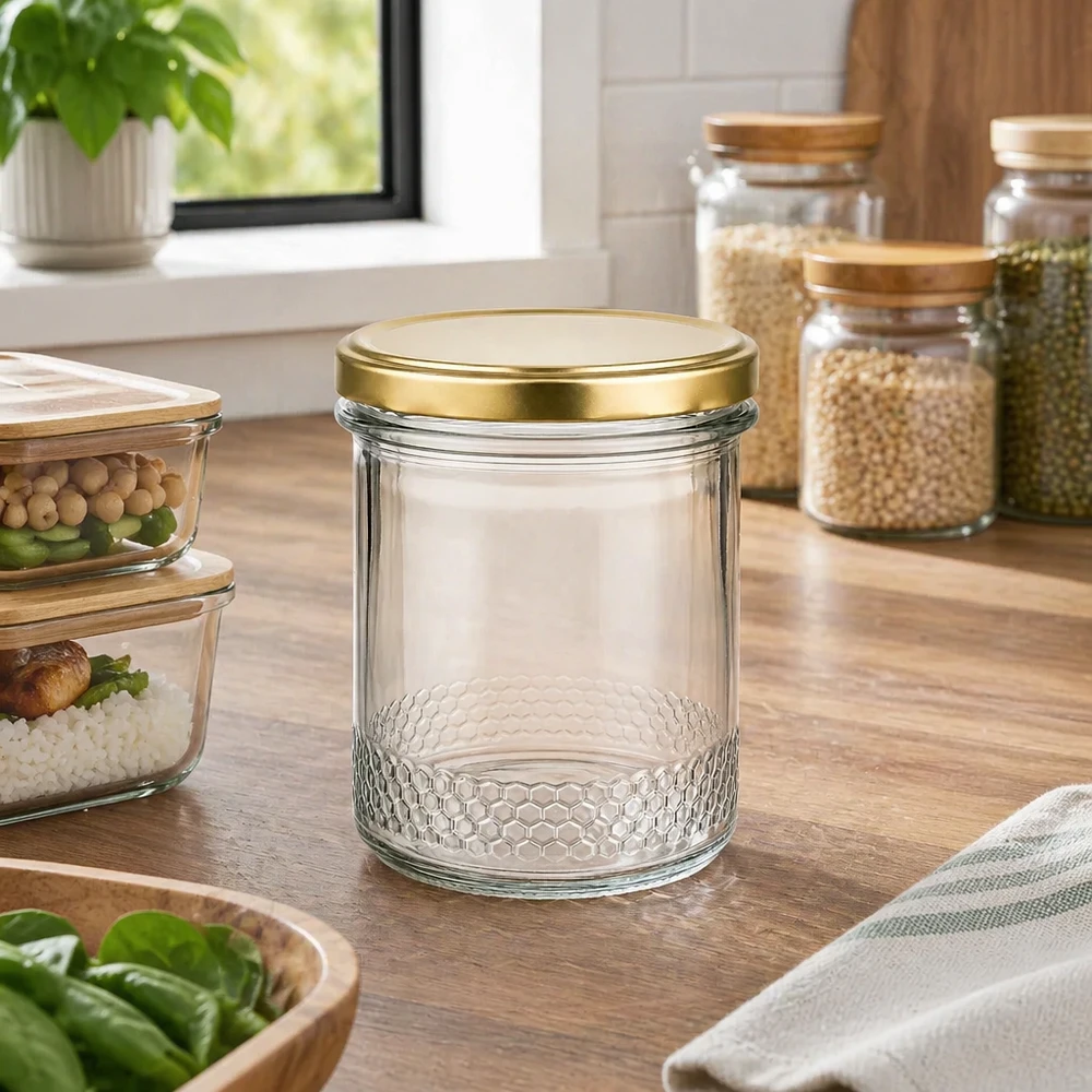 560 g honningglas med gyldent BasicSeal UNiTWIST-låg Tomt 400 ml honningglas med gyldent BasicSeal UNiTWIST-låg i et moderne køkken mellem opbevaringskasser