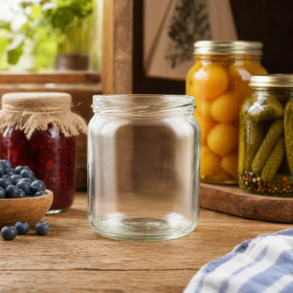 UNiTWIST Runda408 - Rundt glas med en kapacitet på 408 ml TO82 UNiTWIST Runda408 tomt rundt glas 408ml TO82 i køkkenscene med syltede agurker og frugter i baggrunden