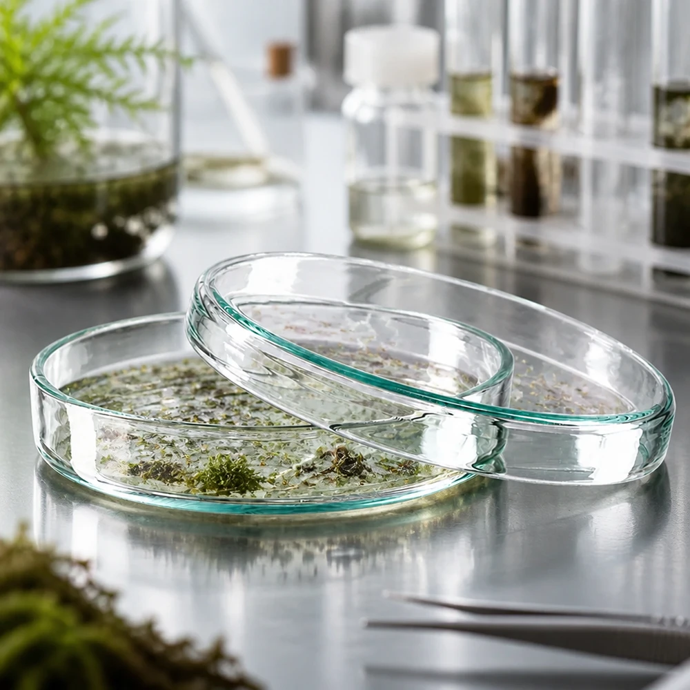 To stablede petriskåle af glas, 80 x 15 mm, med grønne planteprøver på en ståloverflade i laboratoriet