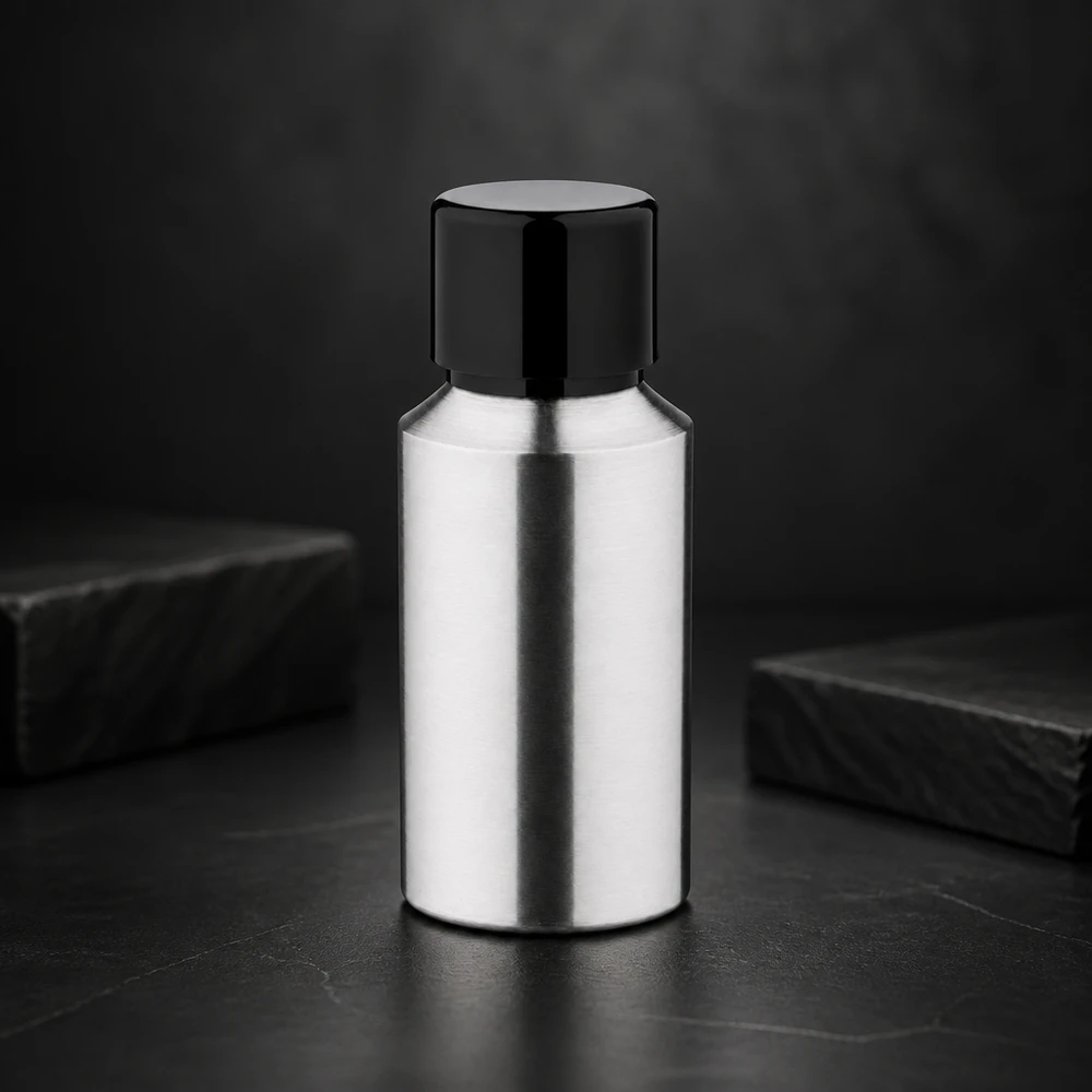 30 ml flaske i poleret aluminium med skruelåg 30 ml aluminiumsflaske i høj kvalitet med spejlblank overflade og sort hætte til premiumprodukter