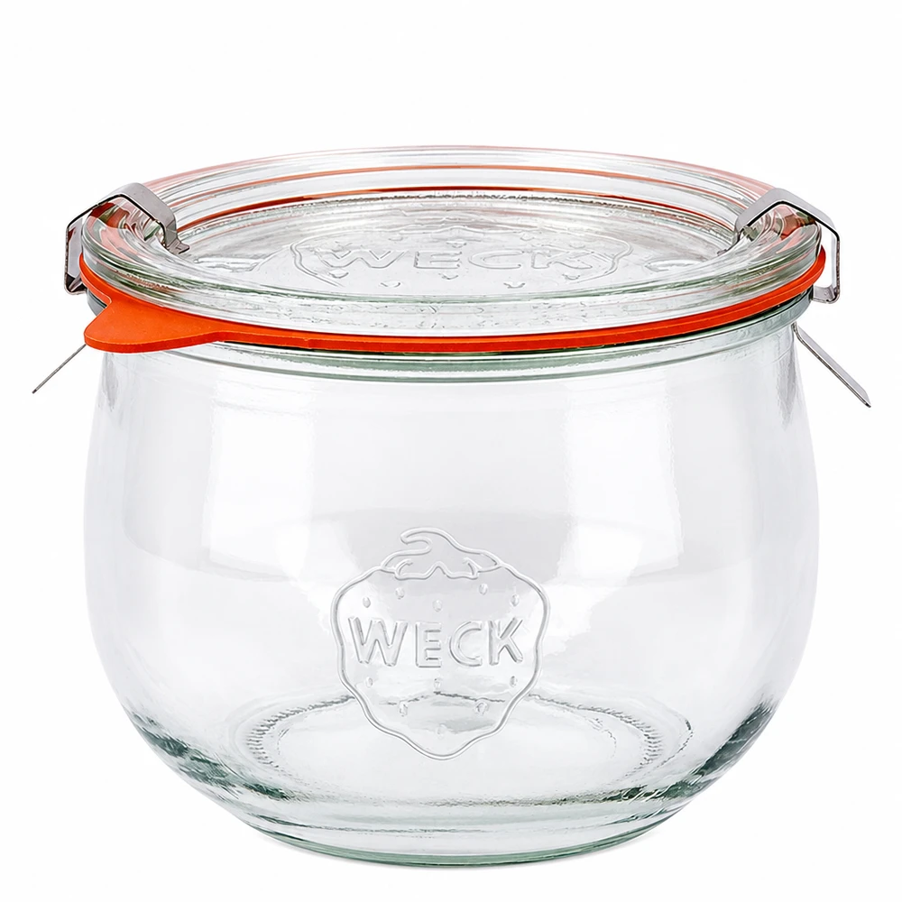 580 ml tulipankrukke komplet WECK RR100 WECK tulipankrukke 580 ml RR100 med glaslåg og orange gummiring, klassisk konserveringskrukke af klart glas