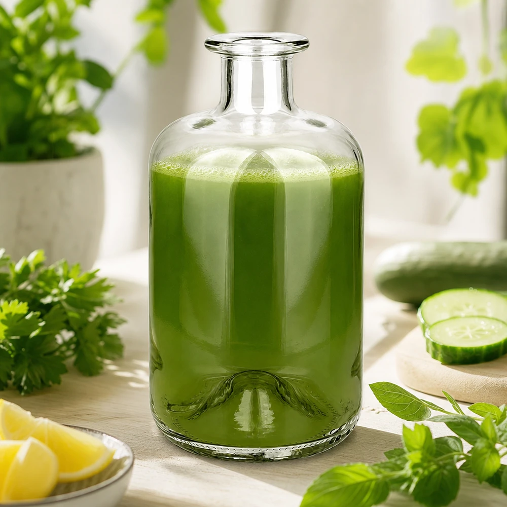 500 ml apoteksflaske »500ml Glasflasche "Luna" ohne Verschluss UNiTWIST« uden lukning UNiTWIST® Apotekerflaske Luna 500 ml fyldt med grøn smoothie omgivet af friske krydderurter agurk og citron som en wellness-drik.