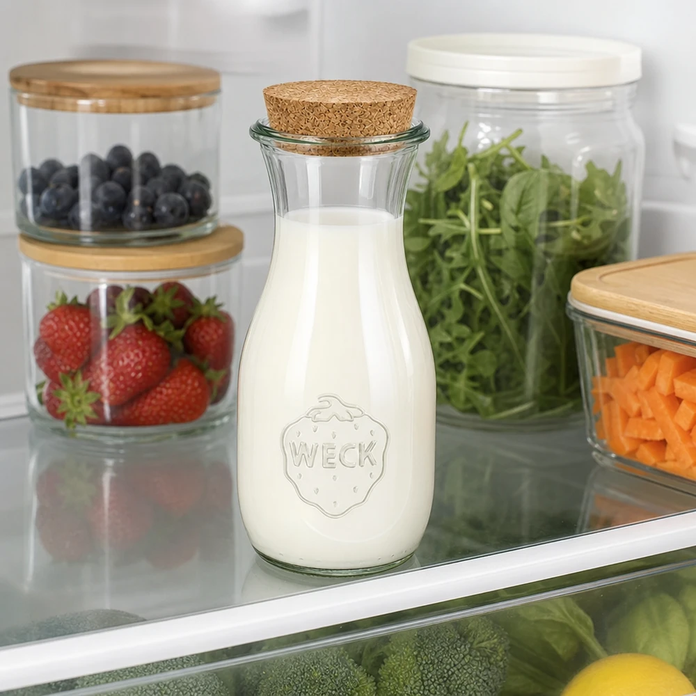 530 ml juiceflaske WECK RR60 med kork natur WECK juiceflaske 530 ml fyldt med mælk i køleskabet ved siden af opbevaringsglas med bær, salat og grøntsager