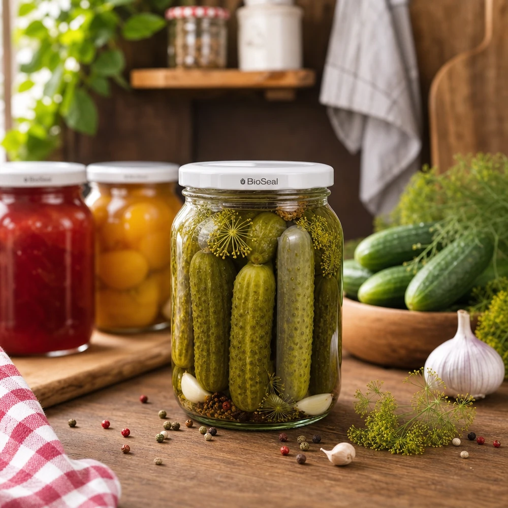 UNiTWIST Lintel350 med hvidt låg TO82 BioSeal UNiTWIST Sturz350 mit eingelegten Gewürzgurken zeigt perfekte Eignung für Konserven und Eingemachtes TO82 BioSeal