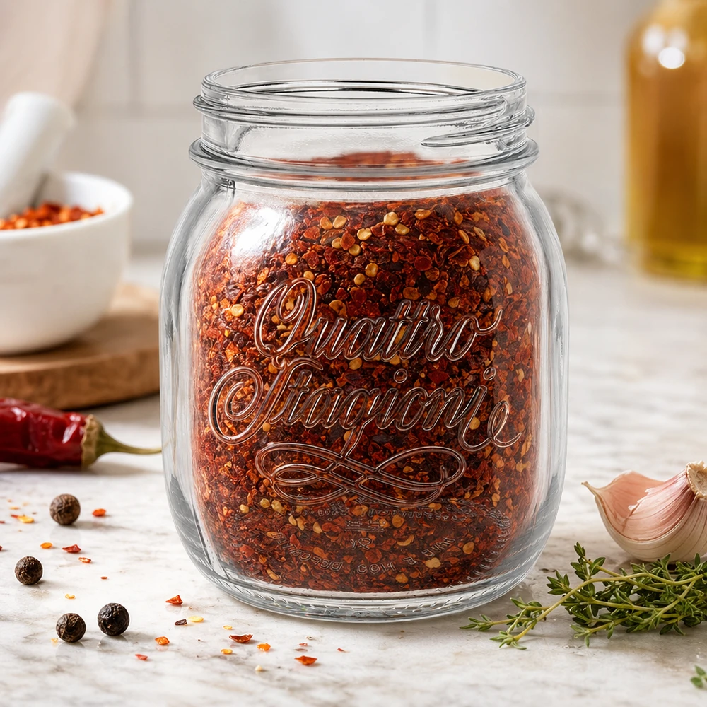 700 ml husholdningsglas "Quattro Stagioni" 700 ml Quattro Stagioni husholdningsglas fyldt med chilikrydderiblanding på køkkenbordet med krydderurter og hvidløg