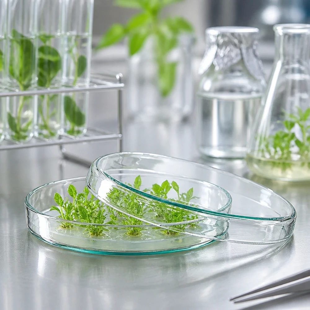 Petriskål 90x15mm glas Petriskål af glas, 90 x 15 mm, med grønne plantekulturer på næringsmedium i bioteknologilaboratoriet