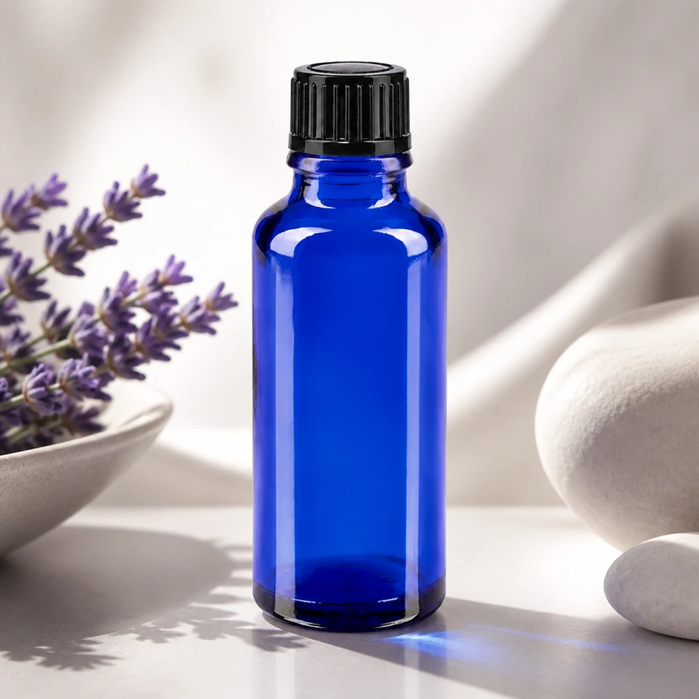 Apoteksflaske blå 30ml dryp v. 1mm sort pc Slank, koboltblå 30 ml STD-dråbeflaske med præcis 1 mm åbning til æteriske olier