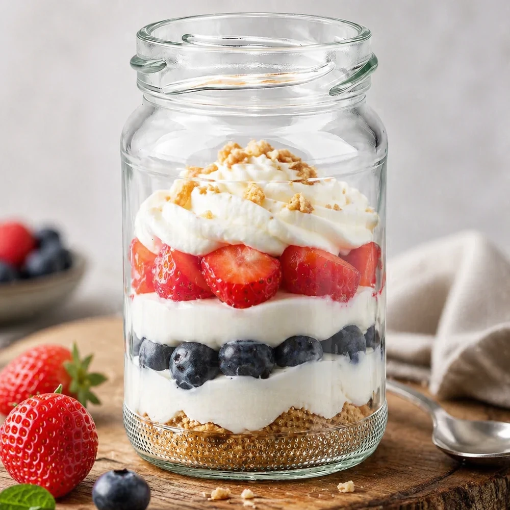 UNiTWIST Runda110 - Rund krukke med en kapacitet på 110 ml TO48 UNiTWIST Runda110 rundt glas 110 ml TO48 fyldt med en lagdelt dessert af bær, yoghurt og crumble på et træbord