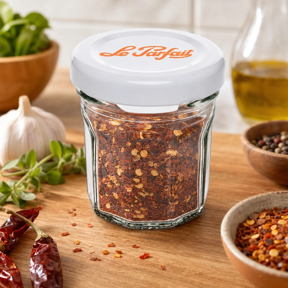 Le Parfait® Mini‑Jam 44 ml Ø48 mm glas Le Parfait minitumblere 44 ml fyldt med chilikrydderiblanding mellem krydderurter og krydderier på en træbund