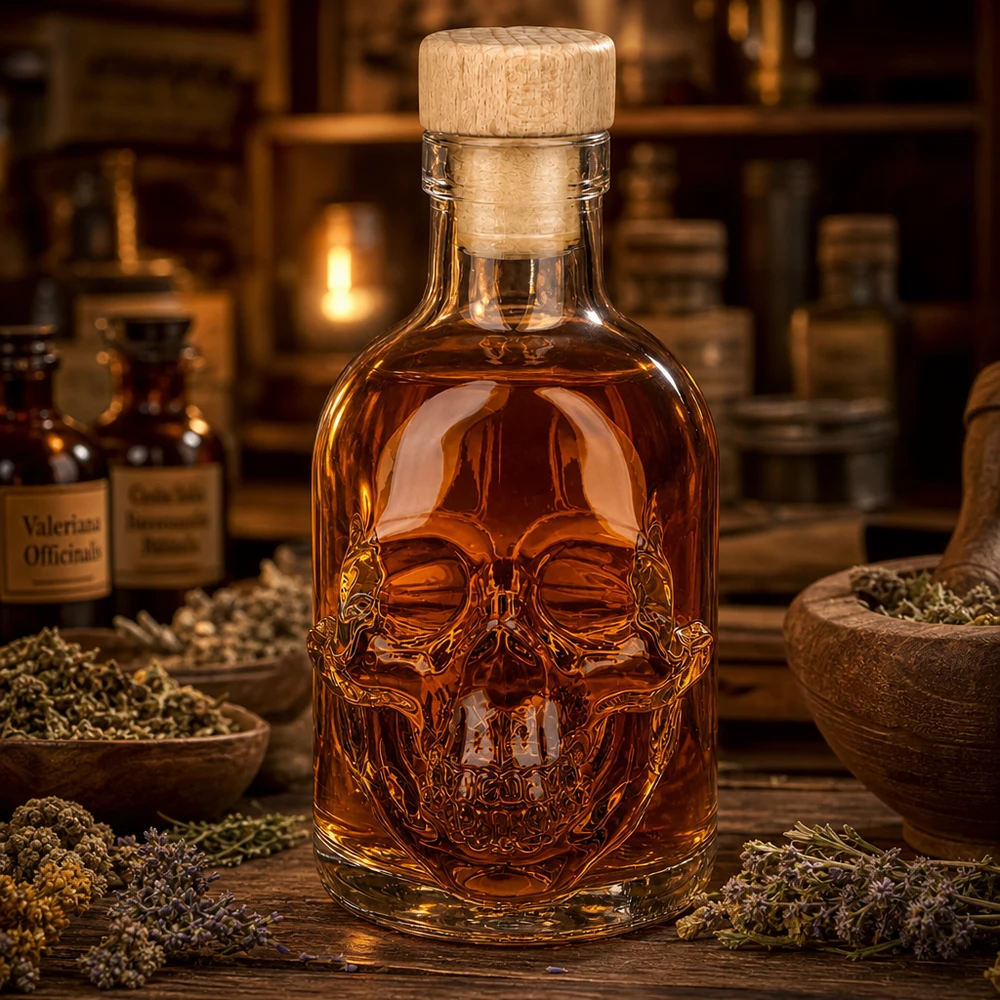 200 ml glasflaske »Jack« med træhåndtag og prop UNiTWIST® Apotekerstemning med 200 ml kranieglasflaske med Jack, urter og ravfarvet væske på træbord
