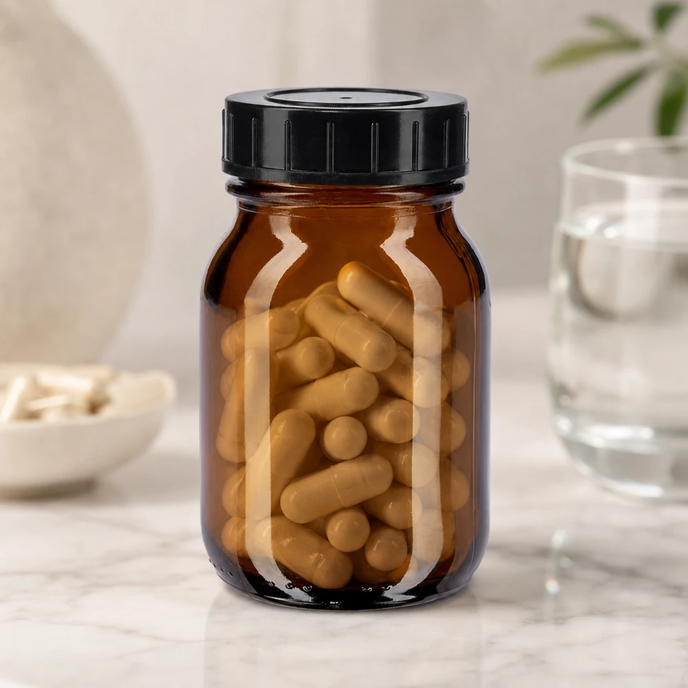 75 ml flaske med bred hals i ravfarvet glas med skruelåg 75 ml ravfarvet glasflaske af høj kvalitet med skruelåg til optimal opbevaring af kosttilskud