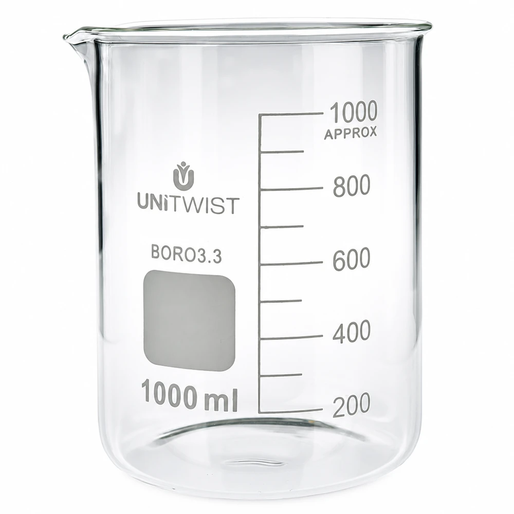 Bæger 1000 ml borosilikat, lav form UNiTWIST 1000 ml bægerglas af borosilikatglas, lav model med skala op til 1000 ml fra UNiTWIST