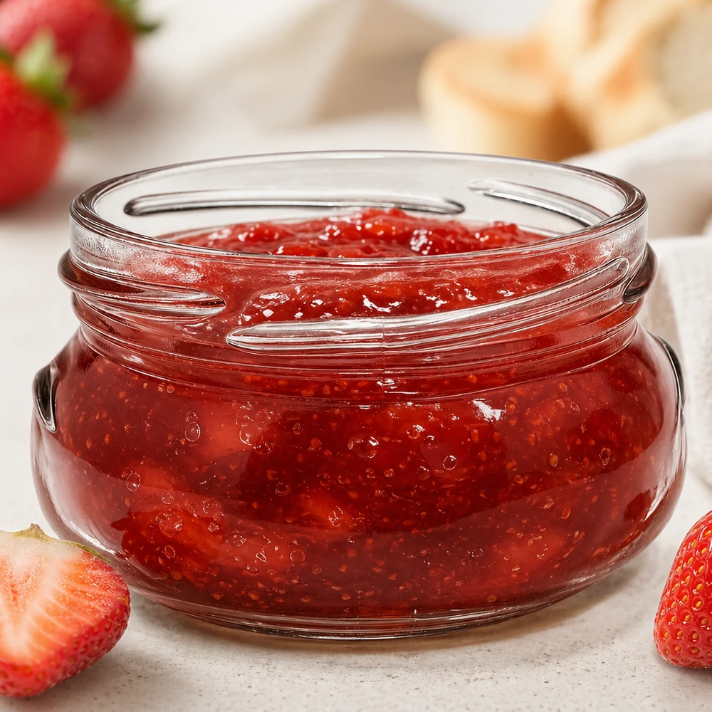 UNiTWIST Terrina120 - Terrinkrukke 120ml TO70 UNiTWIST Terrina120 terrineglas 120ml TO70 fyldt med rød jordbærmarmelade ved siden af friske jordbær