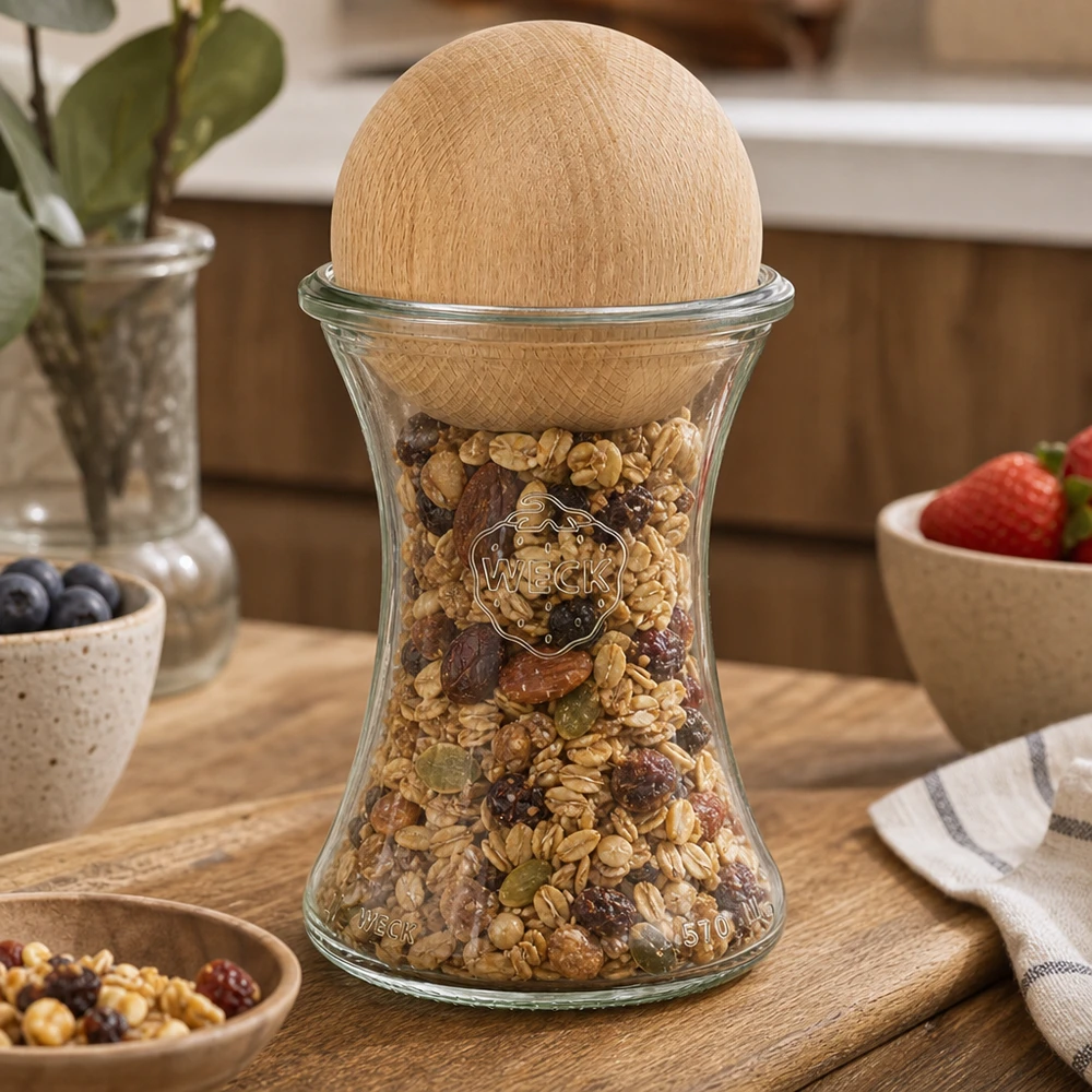 370 ml delikatesseglas WECK RR80 m. Trækugle bøg WECK Vorratsglas 370ml mit Buchenholzkugel gefüllt mit Müsli Nüssen auf Holzbrett Küchendeko stylisch