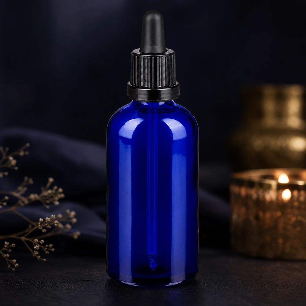 100 ml pipetteflaske sort OV BlueLine UT18/100 Elegant blå glasflaske 100 ml med sort gummipipette til stilfuld produktpræsentation