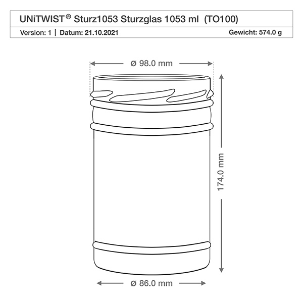 UNiTWIST Sturz1053 - Briller med en kapacitet på 1053 ml TO100 UNiTWIST-bægre 1053ml TO100 teknisk tegning med mål Diameter 98mm Højde 174mm Vægt 574g