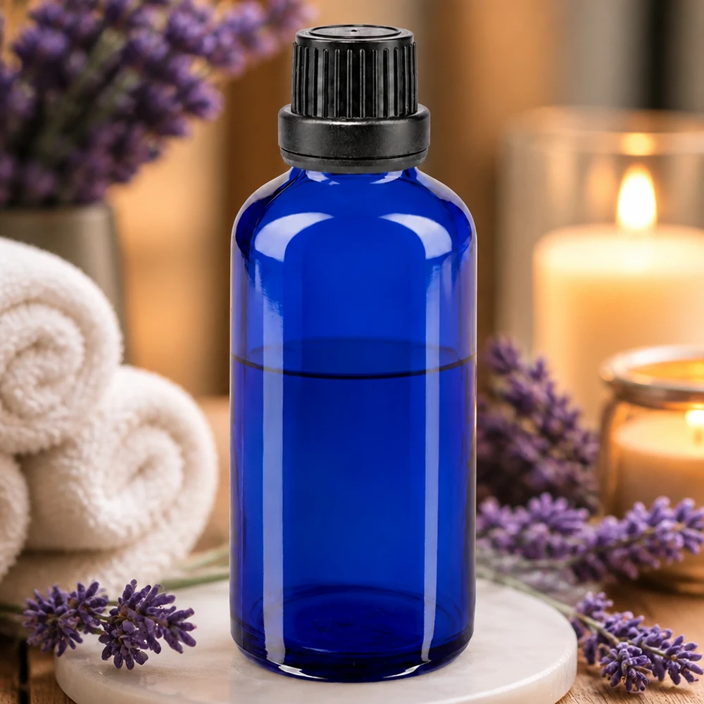 Blå 50 ml dråbeflaske med sort OV-lukning til æteriske olier på træunderlag med lavendel