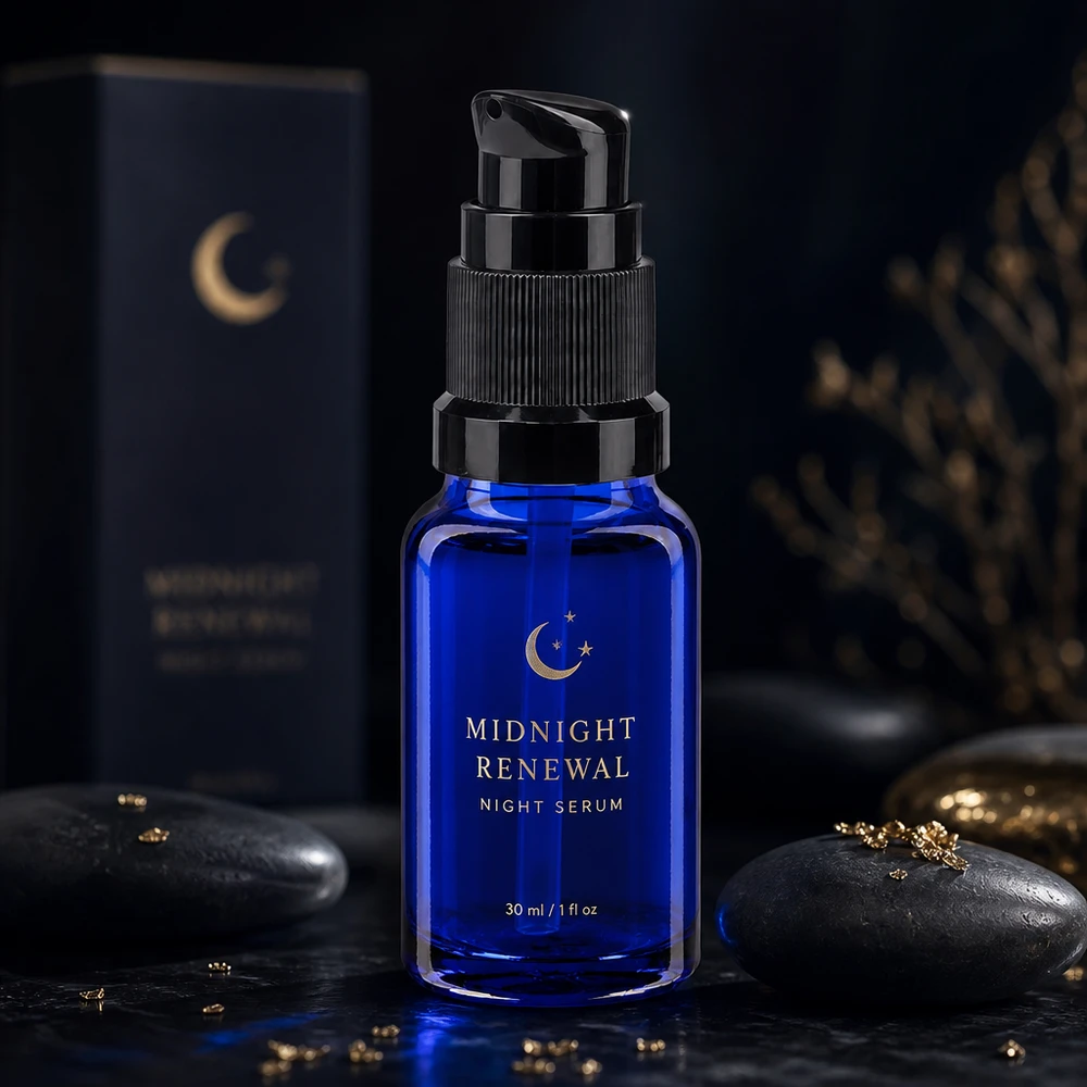 Blå 10 ml apotekerflaske med pumpe, STD, med sort doseringshoved til natteserum og ansigtspleje