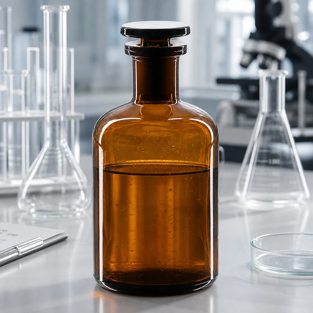 Rund skulderflaske 100 ml brun glasprop med smal hals Flaske med afrundede skuldre, 100 ml, brunt glas, smal hals, glasprop, til professionelt laboratoriemiljø