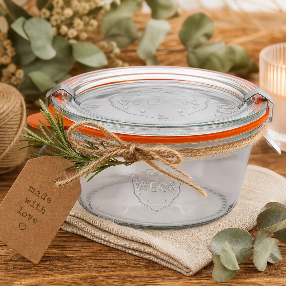 WECK-glas 290 ml RR100 som gaveidé dekoreret med jutesnor, rosmarin og Made with Love-vedhæng