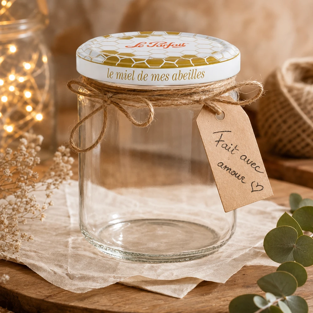 Le Parfait® honningglas 212 ml Ø63 mm Le Parfait 212 ml honningkrukke dekoreret med gaveæske, jutesnor og håndskrevet mærke