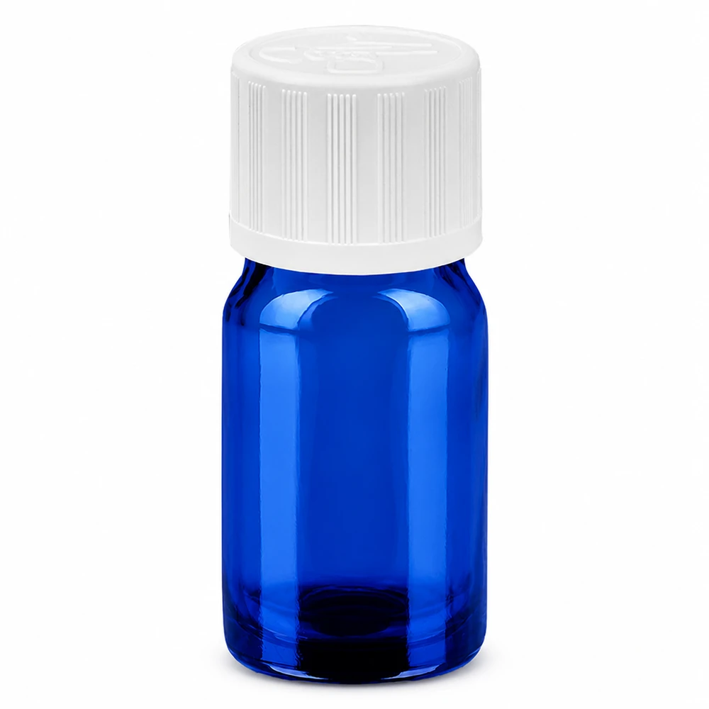 5ml flaske 11mm SV m. STD KiSi BlueLine UT18/5 Blå 5 ml glasflaske med hvidt skruelåg til laboratoriebrug og opbevaring af prøver