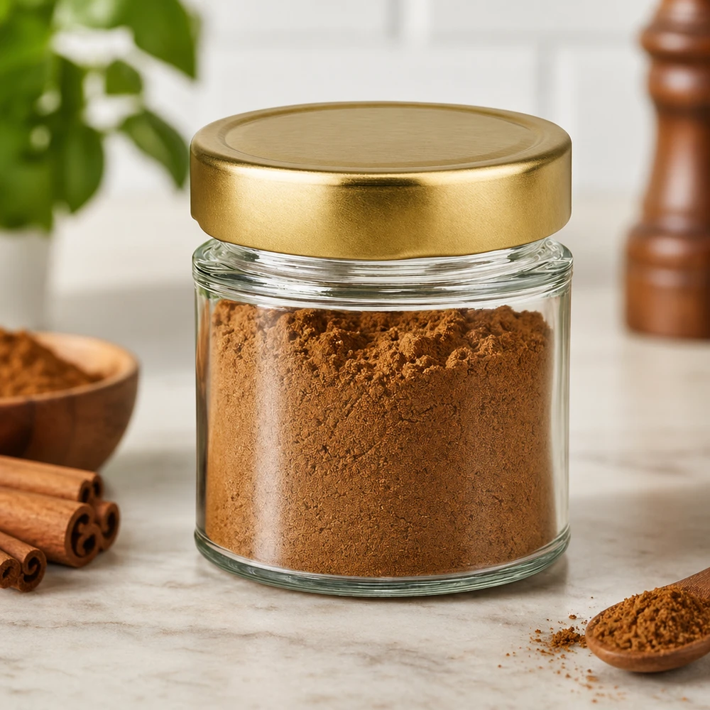 154 ml rund krukke med BasicSeal-låg guld dyb UNiTWIST 154 ml rund krukke BasicSeal guld fyldt med brunt pulver kanel krydderier køkken sceneri opbevaring krukke opbevaring