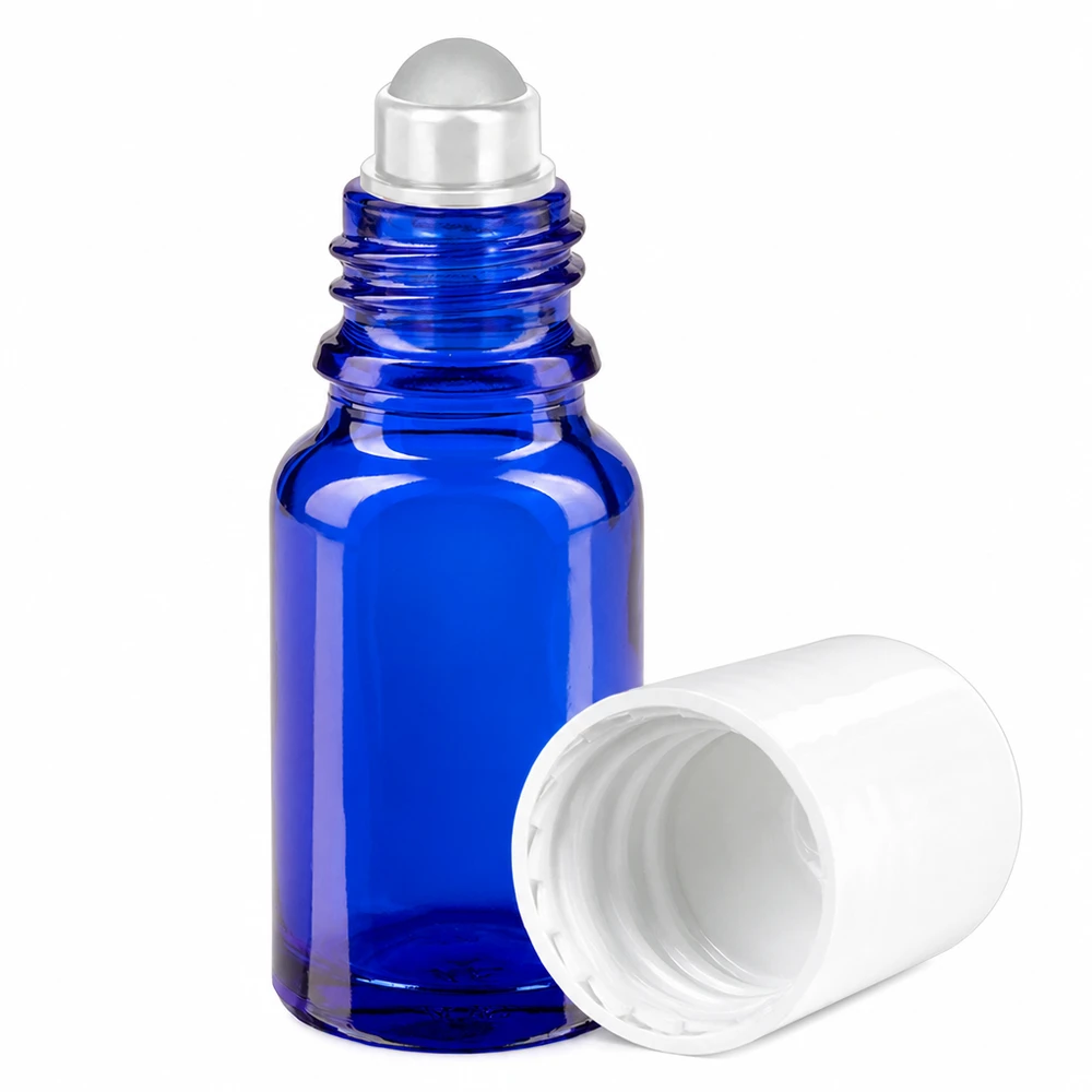 Blå glasflaske 10 ml med roll-on-applikator til æteriske olier og kosmetik