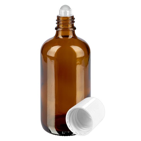 Apoteksflaske brun 100 ml roll-on-hætte hvid Apoteksflaske brun 100 ml roll-on-hætte hvid