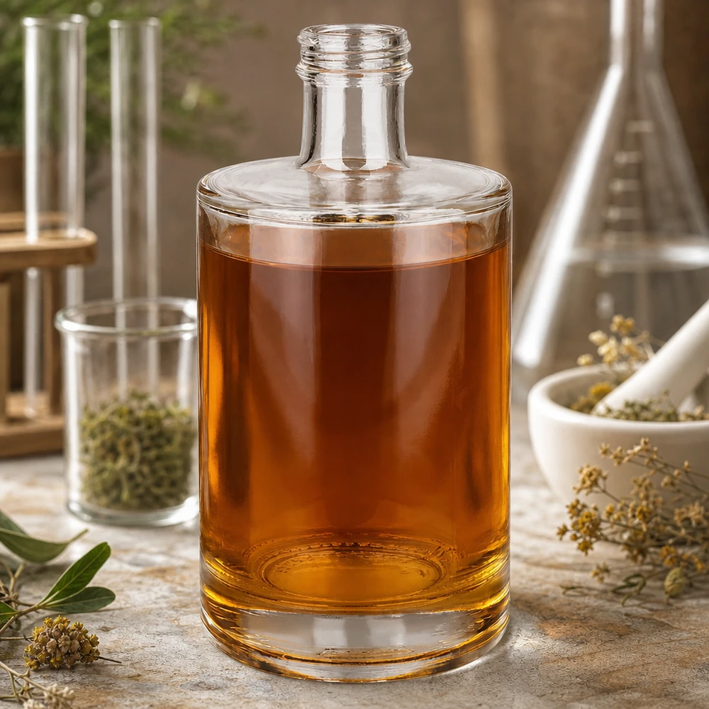 500 ml glasflaske »Sam« uden skruelåg UNiTWIST® 500ml Glasflasche Sam mit bernsteinfarbener Flüssigkeit Labor-Atmosphäre Kräuter Mörser Reagenzgläser Apotheker-Stil