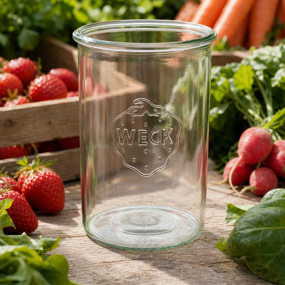 1000 ml WECK RR100-glas med skrå kant WECK 1000 ml RR100-bægre med logo på træbord omgivet af friske jordbær, radiser og grøntsager