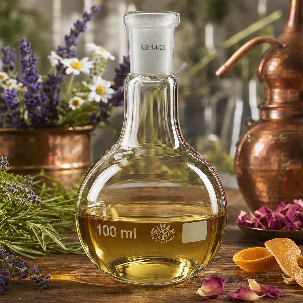 100 ml kolbe med standard slebet led (14/23) Stående kolbe 100 ml med guldfarvet opløsning og standardmalet led 14/23 til ekstraktionsprocedurer