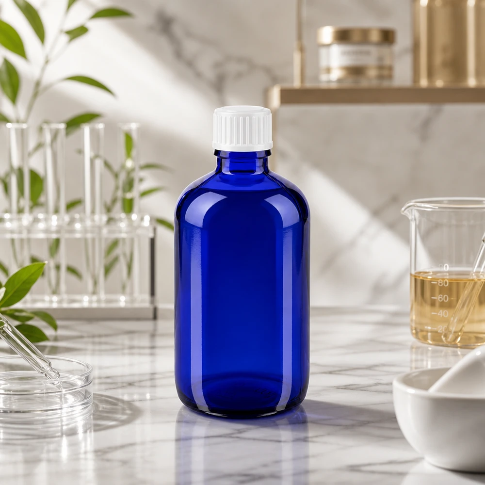 Solcremeflaske på 100 ml, koboltblå med hvid originalitetslukning, fra laboratoriet
