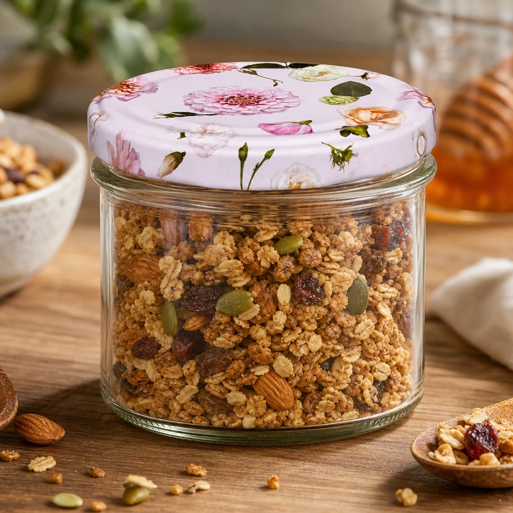 225 ml væltet glas + BasicSeal låg Blume rosa UNiTWIST Müsli-granola i 225 ml murerbalje med pink blomsterlåg - alsidig opbevaring af mad og snacks