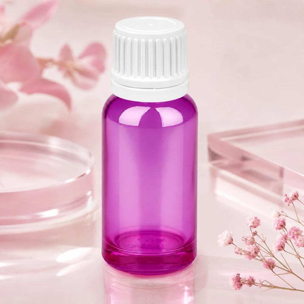 20 ml flaske 11 mm skruelåg hvid Originality skruelåg PurpleLine UT18/20 20 ml flaske af høj kvalitet lavet af violet borosilikatglas med hvid hætte til apoteket