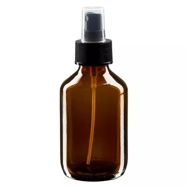 150 ml medicinflaske brun, med pumpesprøjte sort ApoGlas. Farmaceutisk kvalitet fra EU-produktion. 28 mm (PP28) gevind. (sirup, let glasflaske)