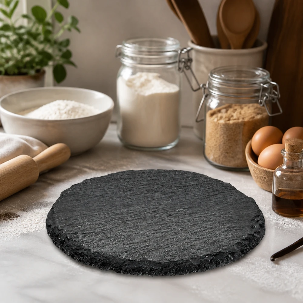 Serveringsfad i skifer, rundt Ø 150 mm Runde Schieferservierplatte 15cm inmitten von Backzutaten und Küchenutensilien als stilvolle Arbeitsunterlage