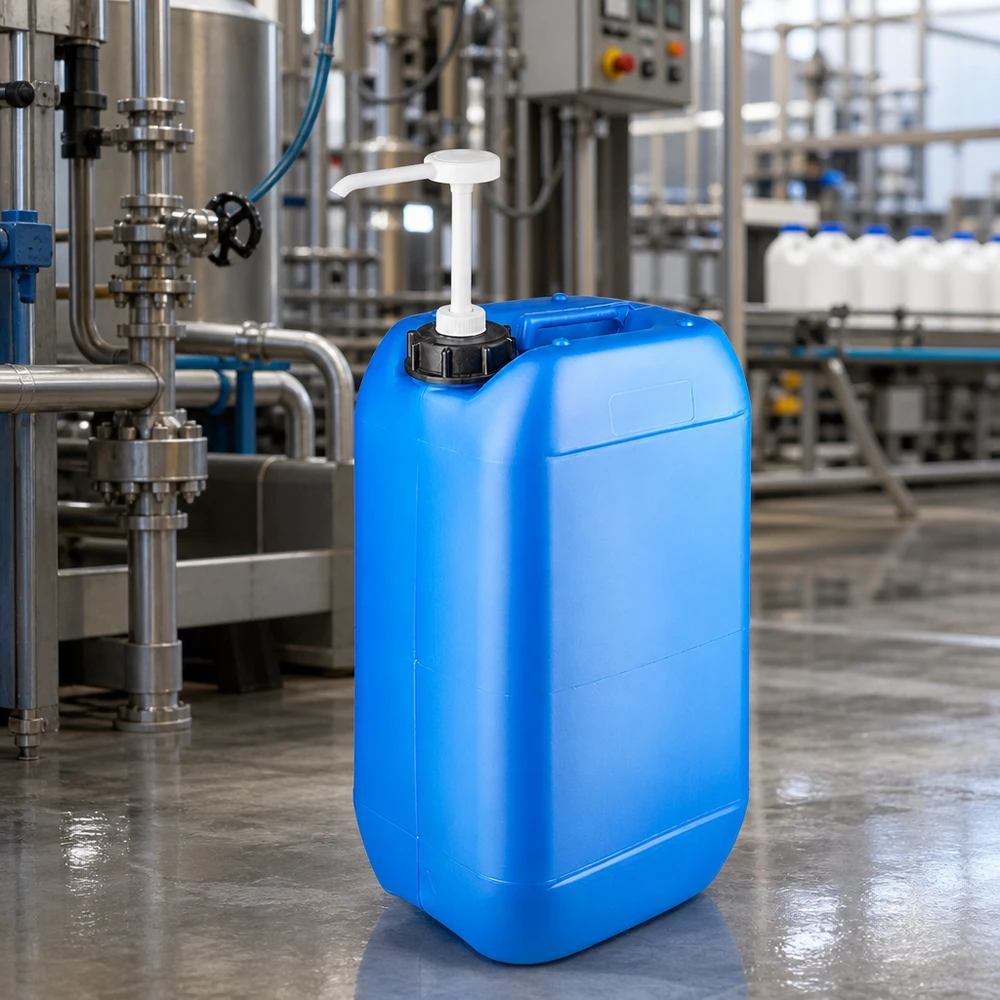15 liters blå dunk med doseringspumpe Blå 15-liters dunk med doseringspumpe i et industrielt produktionsanlæg med rustfrie stålrør